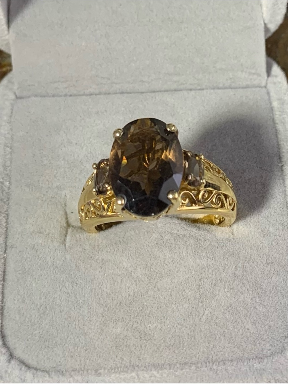 Sterling Silver Gold Over Ring with Smoky Topaz Oval Gemstone and Filigree Band